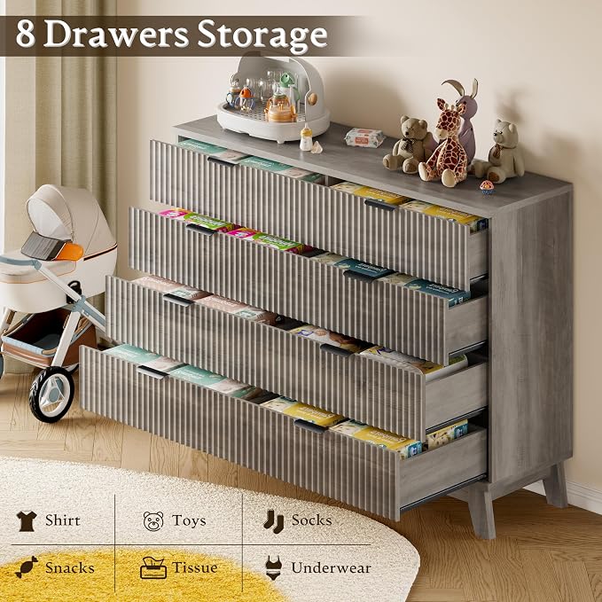BORNOON 53" Wide Dresser for Bedroom, 8-Drawer Fluted Chest of Drawers, Modern Wood Highboy with Metal Slides and Handles, Anti-Tip Kit, Vertical Clothes Storage Organizer for Apartment, Closet