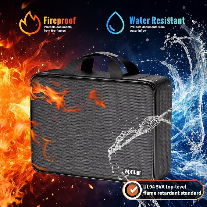 Fireproof Document Bag with Lock, Soft-Shell File Organizer, Black | Water-Resistant Zipper, Multi-Pocket Design, Portable Storage for Laptops, Passports, Certificates, Important Paperwork