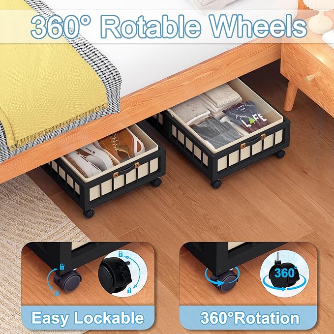 efluky 2-Pack Bamboo Under Bed Storage Containers with Wheels, Under Bed Clothes Storage Basket with Large Dust Bag, Rolling UnderBed Storage for Bedroom, Dorm and Basement, Black, (60 x 42 CM