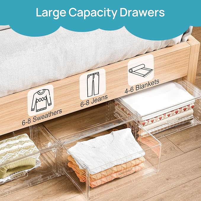 Vtopmart 6 Pack Large Clear Stackable Storage Drawers 23QT | Easily Assemble Plastic Closet Storage Bins, Dust-Proof UnderBed Organizer for Clothing, Sweater Organization