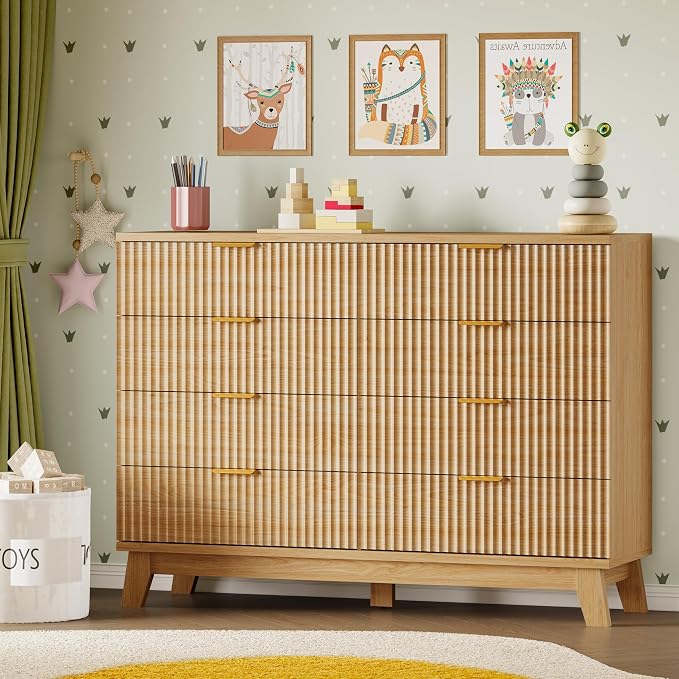 BORNOON Fluted 8 Drawer Tall Dresser, 47.2" Wide Modern Boho Chest of Drawers, Wooden Storage Dresser TV Stand for Bedroom, Living Room, Closet, Hallway, Curved Profile Design