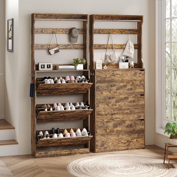 Wodeer Tall Shoe Cabinet with Coat Rack, Hidden Shoe Storage Cabinet with Doors & Drawer, Hanging Bar & Hooks, Slim Narrow Freestanding Shoe Rack Organizer for Entryway, Hallway & Living Room, Brown