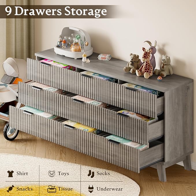 BORNOON 63" Long Dresser for Bedroom, 9-Drawer Fluted Dresser, Extra-Wide Wood Chest of Drawers with Smooth Metal Slides, Stable Base, Modern Clothes Storage Cabinet for Living Room, Hallway, Nursery