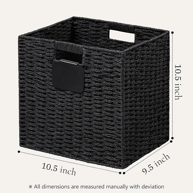 UBBCARE 4 Pack Wicker Basket, 10.5×10.5 Storage Cubes with Label, Foldable Cube Storage Bin with Handle, Square Storage Basket for Shelves, Woven Paper Rope Basket for Organizing, Black