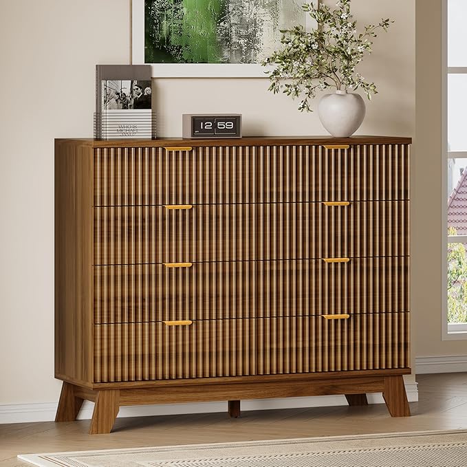 BORNOON Fluted 8 Drawer Tall Dresser, 47.2" Wide Modern Boho Chest of Drawers, Wooden Storage Dresser TV Stand for Bedroom, Living Room, Closet, Hallway, Curved Profile Design