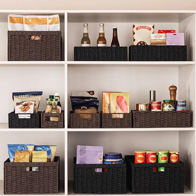 UBBCARE 3 Pack Wicker Basket, 13.4L×8.3H×7.1W inch Woven Paper Rope Storage Baskets for Shelves, Foldable Rectangular Storage Baskets with Handle, Storage Basket for Organizing, Black