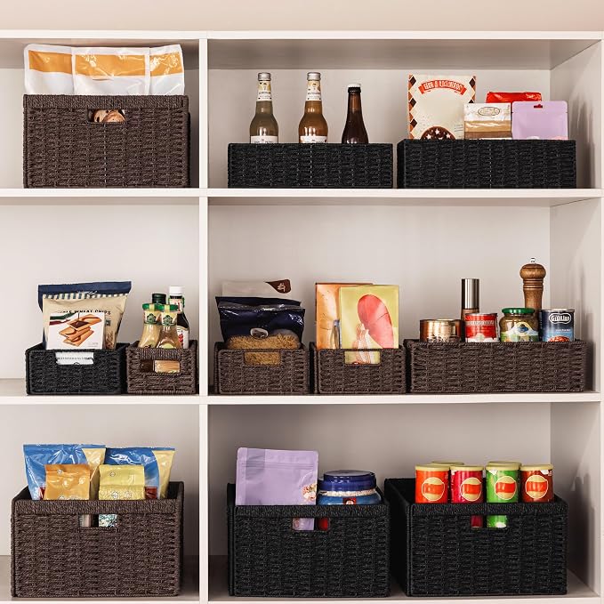UBBCARE 2 Pack Wicker Basket, 16.5L×13H×7.5W inch Woven Paper Rope Storage Baskets for Shelves, Foldable Rectangular Storage Baskets with Handle, Storage Basket for Organizing, Black