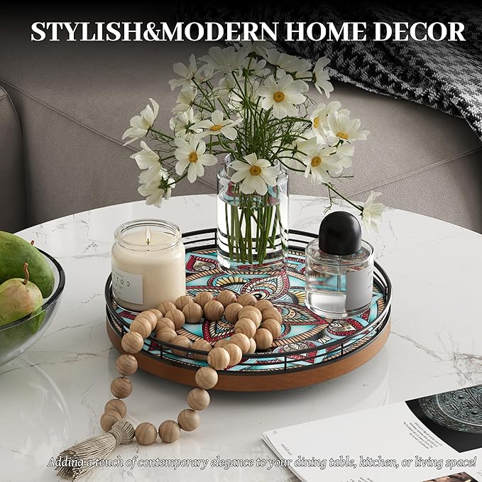10.2-Inch Boho Lazy Susan with Oak Base and 3D Textured Ceramic Tile | Rotating tray with raised boho ceramic texture, oak base and walnut finish for dining tables, counters and coffee bars.