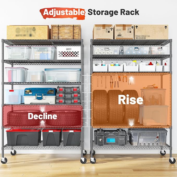 Romorgniz 82" H X45 W X18 D Storage Shelves with Wheels, 6 Tier Wire Shelving Adjustable Metal Shelving Pantry Shelves Capacity 1200LBS for Garage, Pantry, Kitchen, Closet, Black,2P