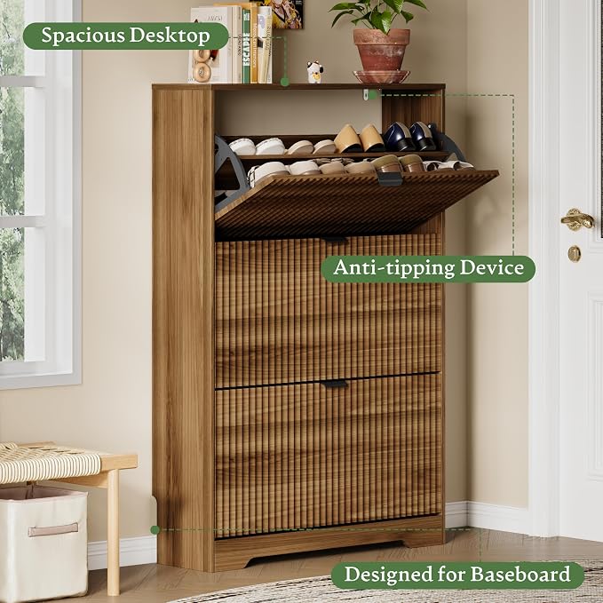Xixini Shoe Storage Cabinet for Entryway with 3 Flip Drawers, Hidden Slim Wood Shoe Organizer with Modern Fluted Panel, Freestanding Narrow Shoe Rack for Front Door Entrance, Hallway, Foyer, Walnut