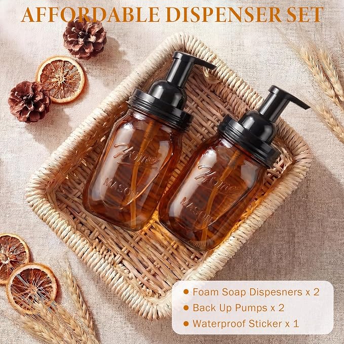 Amolliar Plastic Mason Jar Foaming Soap Dispenser Pump Lid, 16oz Foam Soap Dispenser with Cute Lables - Amber Refillable Hand Soap Dispenser for Bathroom Kitchen Shower (2 Pack, Black)