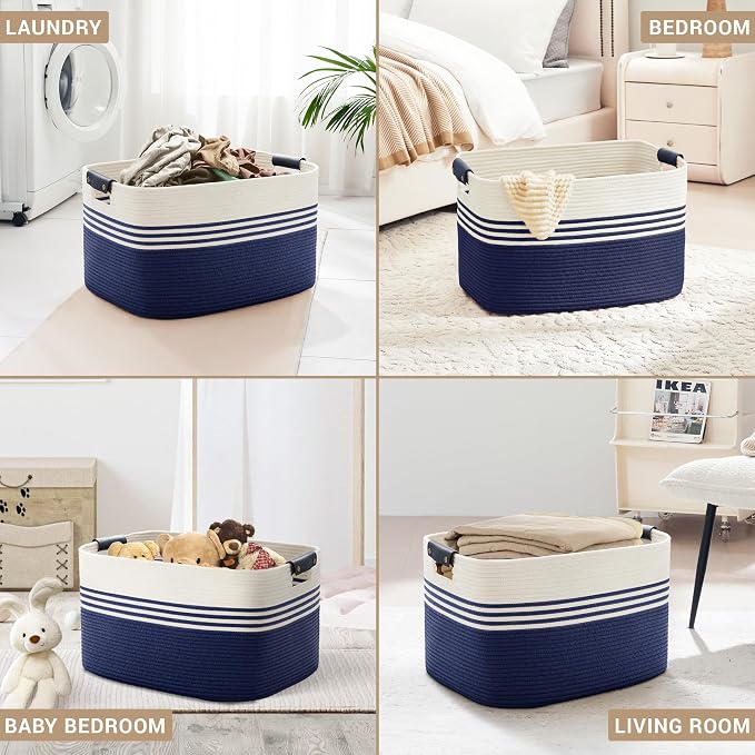86L Large Woven Laundry Basket Hamper with Leather Handles,Navy | 24"x16"x14", collapsible wicker hamper, storage for dirty clothes, toys, blankets, gifts, living room, bedroom, bathroom