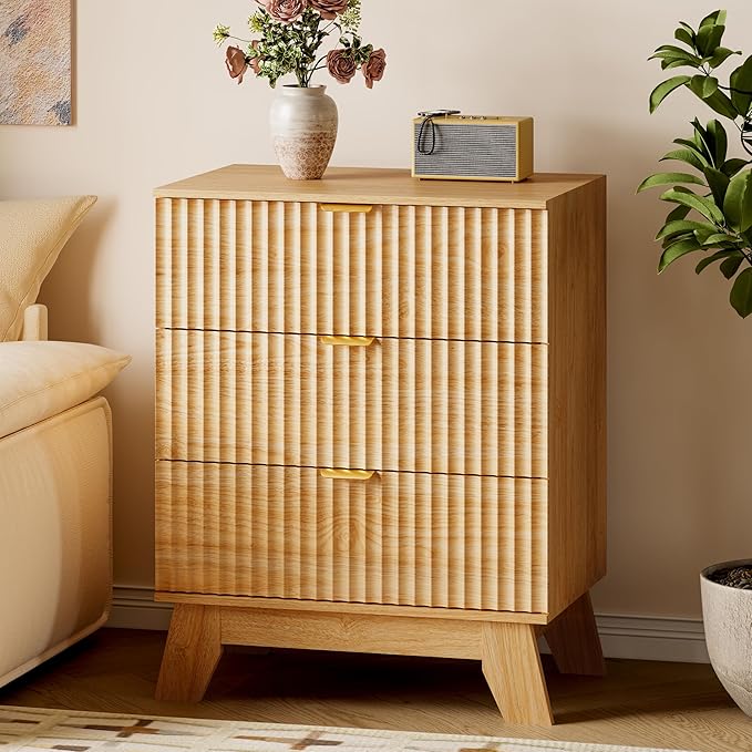 BORNOON Fluted 3 Drawer Dresser, 30.3" Tall Compact Modern Boho Chest of Drawers, Wooden Storage Cabinet for Bedroom, Living Room, Entryway, Curved Profile Design