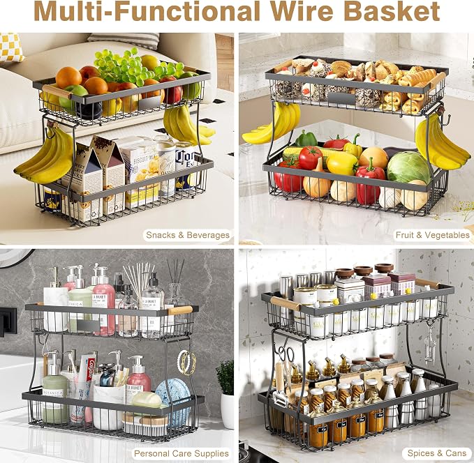 2-Tier Fruit Basket with Banana Hangers, Black Standing Storage Rack | Metal, Wooden handle, Removable Design, Tool-Free Assembly, Versatile Kitchen Countertop Organizer, Vegetables, Seasonings