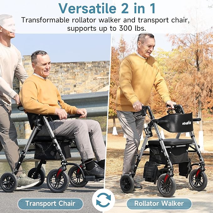 Walkers for Seniors, 2 in 1 Rollator Wheelchairs Combo 10" Big Wheels Walker with Seat, Rollator Transport Chair with Brakes Folding Rolling Walker for Adults, Grey