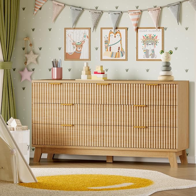BORNOON Fluted 7 Drawer Dresser, 47.2" Wide Modern Boho Chest of Drawers, Wooden Storage Dresser TV Stand for Bedroom, Living Room, Closet, Hallway, Curved Profile Design