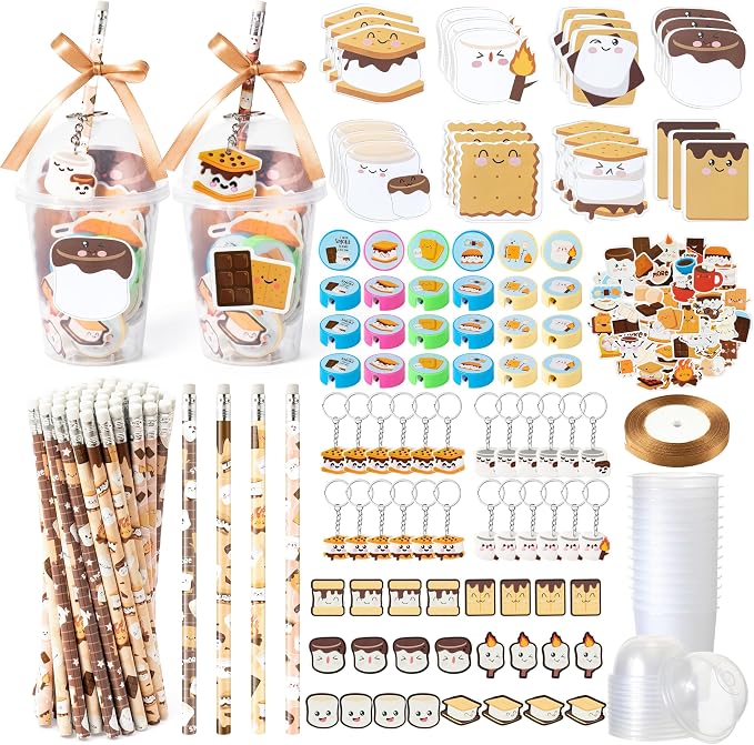 CJiangpo 196Pcs Marshmallow Party Favors Stationery Gift Classroom Prizes | Drink Cup with Lids Bulk, Pencil Sharpener Eraser Sticky Notes Pads Stickers Keychain, Camping Birthday Party Favors Rewards
