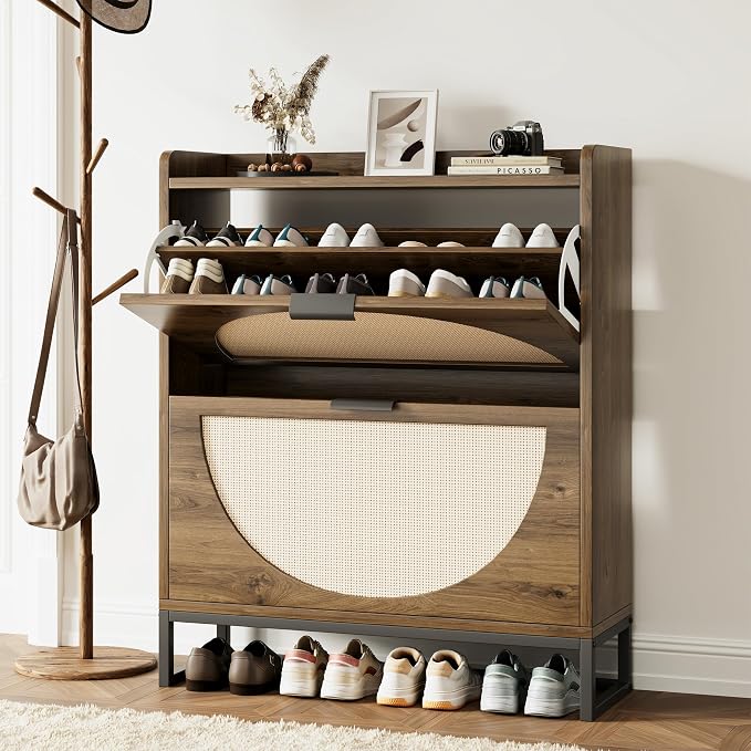 Flip Drawer Shoe Cabinet, Slim Narrow Entryway Storage Furniture with Hidden Flip-Open Organizer, Engineered Wood & Veneer Construction, Hallway Living Room Foyer, 2 Drawer, Oak