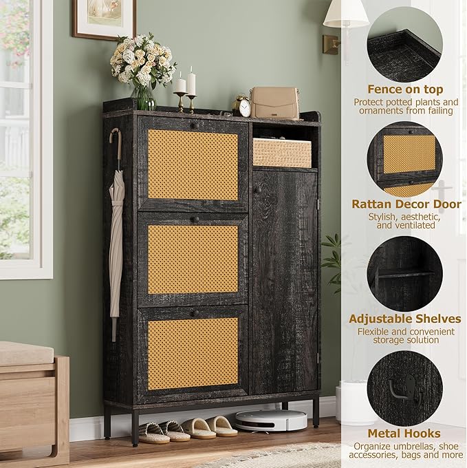 Garvee Shoe Cabinet with 3 Flip Drawers, Freestanding Shoe Organizer with 4-Tier Shoe Storage Cabinet and Adjustable Shelf & Rattan Doors,Narrow Shoe Rack Cabinet for Entryway, Closet, Hallway