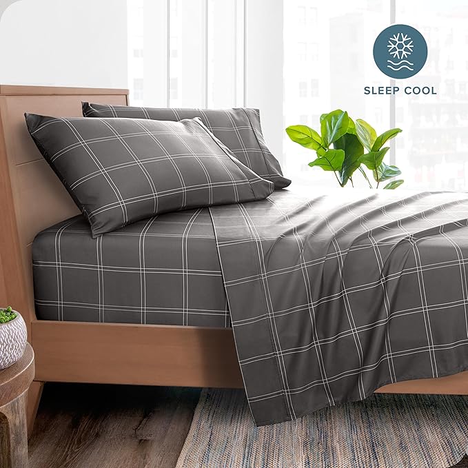 Bare Home Split King Sheet Set - 1800 Ultra-Soft Microfiber Bed Sheets - Double Brushed - Deep Pockets - Easy Fit - 5 Piece Set - Bed Sheets (Split King, Modern Plaid - Grey/White)