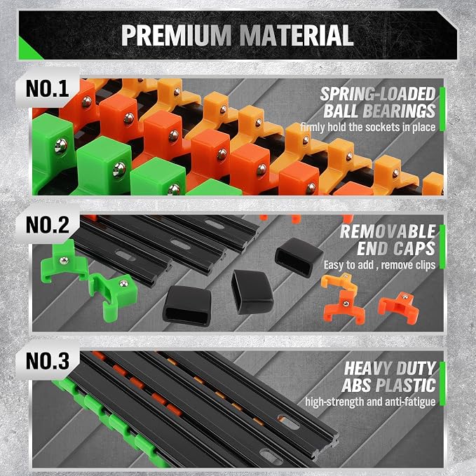 SWANLAKE Organizer Socket Holder, 9PCS 1/4-Inch x 48 Clips, 3/8-Inch x 45 Clips, 1/2-Inch x 36 Clips, Premium Quality Socket Clip Rail Holder