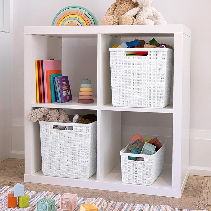 Curver Set of 4 Large Cube 17L Jute Decorative Plastic Organization and Storage Baskets - Perfect Bins for Home Office, Closet Shelves, Kitchen Pantry and All Bedroom Essentials, White