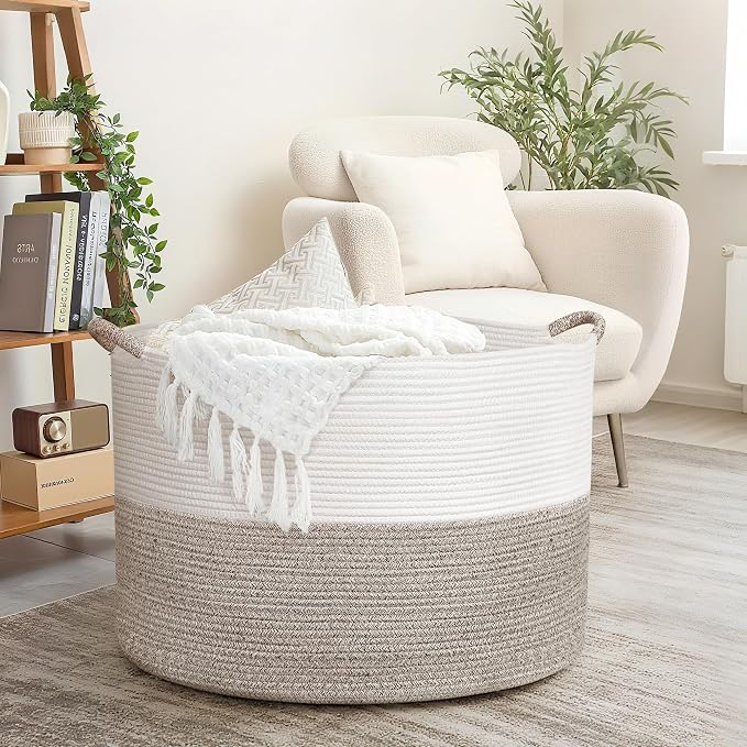 XXXXL 125L Extra Large Blanket Basket, 24.8" x 16" Jumbo Woven Basket (Includes 2 Cute Baskets), Cotton Rope Basket with Handle for Living Room, Baby Toys Nursery, Laundry, Home Decor (White/Brown)