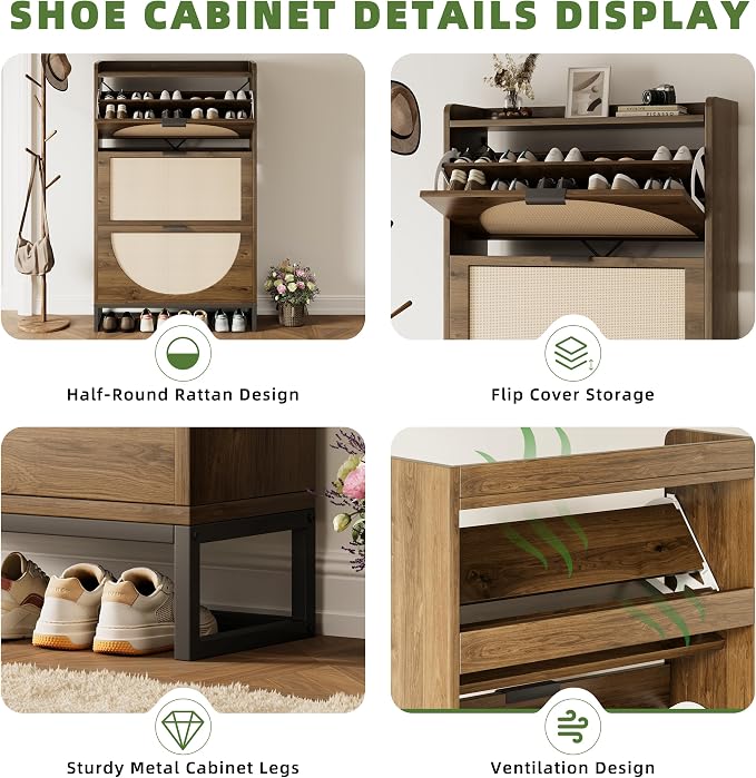 Flip Drawer Shoe Cabinet, Slim Narrow Entryway Storage Furniture with Hidden Flip-Open Organizer, Engineered Wood & Veneer Construction, Hallway Living Room Foyer, 3 Drawer, Oak