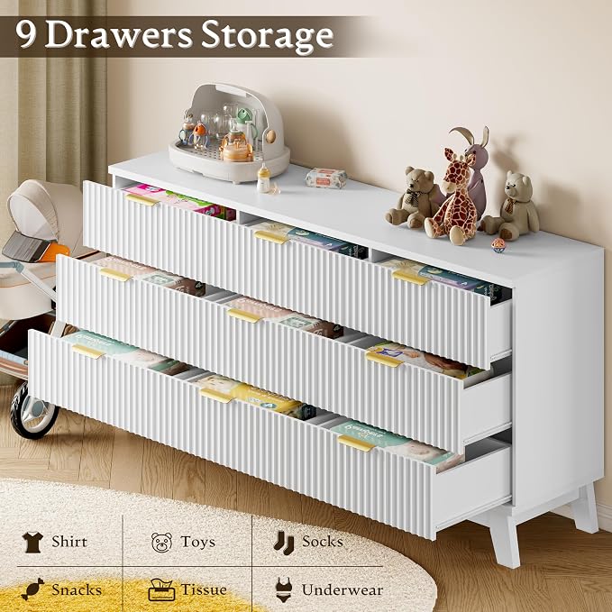BORNOON Fluted 9 Drawer Dresser, 57.1" Wide Modern Boho Chest of Drawers, Wooden Storage Dresser TV Stand for Bedroom, Living Room, Closet, Hallway, Curved Profile Design