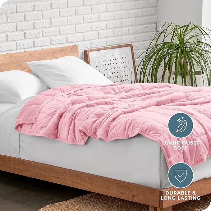 Bare Home Weighted Blanket Twin or Full Size 15lb (48"x72") for Adults - Minky Fleece - Premium Heavy Blanket Nontoxic Glass Beads (Light Pink, 48"x72")