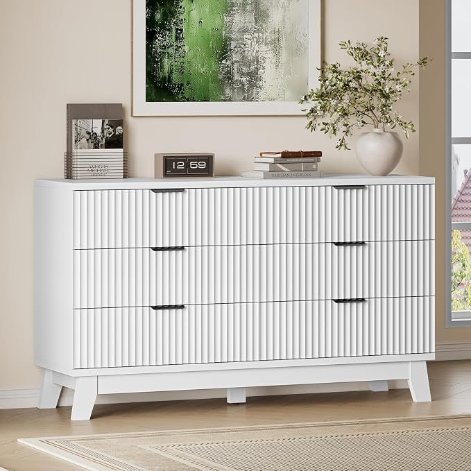 BORNOON 53" Long Dresser for Bedroom, 6-Drawer Dresser with Fluted Fronts, Wide Wood Chest of Drawers, Smooth Metal Slides, Stable Base, Modern Clothes Storage Cabinet for Living Room, Hallway