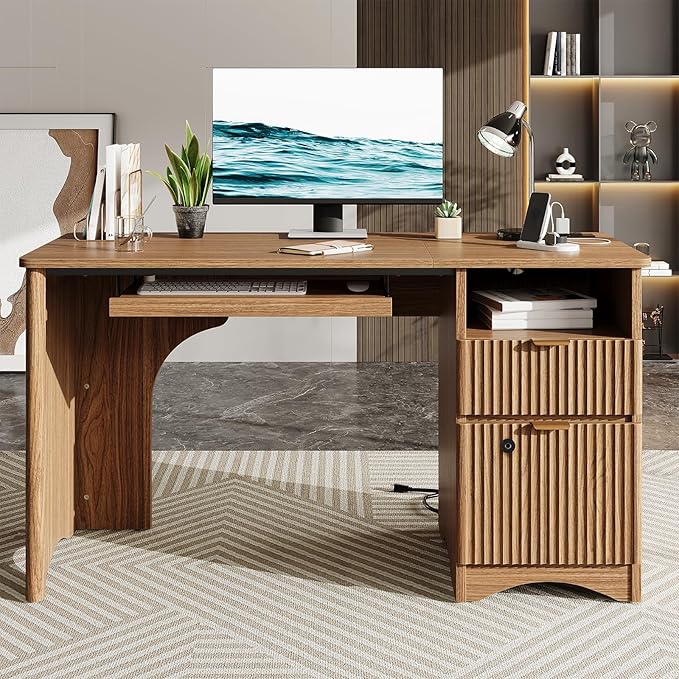 Bestier 55" Office Desk with Locking File Drawer & Charging, Brown | Partitioned Storage & Cable Management,Oak,Easy Assembly,Smart Fingerprint Drawer Lock,Wear-Resistant Easy-Clean Desktop