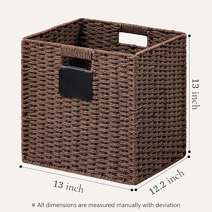 UBBCARE 4 Pack Wicker Basket, 13×13 Storage Cubes with Label, Foldable Cube Storage Bin with Handle, Square Storage Basket for Shelves, Woven Paper Rope Basket for Organizing, Brown