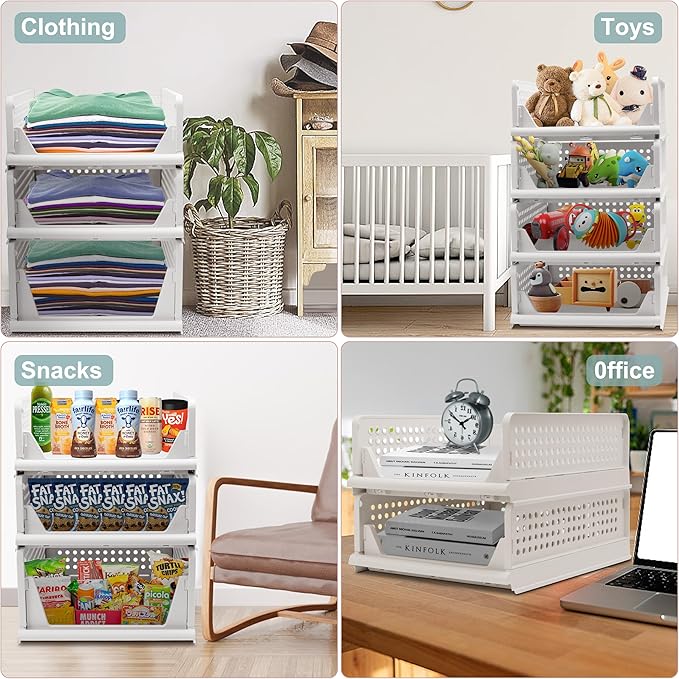 Goderewild Stackable Foldable Storage Baskets, Folding Storage Bins, Closet Organizers and Plastic Drawer Shelf Storage Container for Wardrobe, Cupboard, Kitchen, Bathroom, Office (White, 4S)