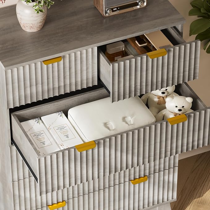 BORNOON 46" Tall Dresser for Bedroom, 6-Drawer Fluted Chest of Drawers, Modern Wood Highboy with Deep Storage, Metal Slides and Handles, Anti-Tip Kit, Vertical Clothes Organizer for Apartment, Nursery