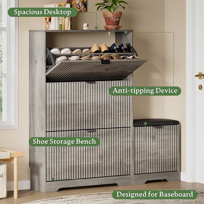 Xixini Shoe Storage Cabinet for Entryway with 3 Flip Drawers & Bench, Slim Wood Shoe Organizer with Modern Fluted Panel, Freestanding Narrow Shoe Rack for Front Door Entrance, Hallway, Foyer, Grey