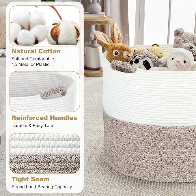 XXXXL 125L Extra Large Blanket Basket, 24.8" x 16" Jumbo Woven Basket (Includes 2 Cute Baskets), Cotton Rope Basket with Handle for Living Room, Baby Toys Nursery, Laundry, Home Decor (White/Brown)