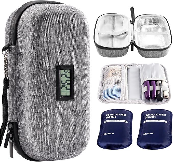 ProCase Insulin Cooler Travel Case for Diabetes -Grey | Temperature Display, TSA Approved, 2 Reusable Ice Packs, Cold Storage Organizer Bag for Insulin Pens & Medicine
