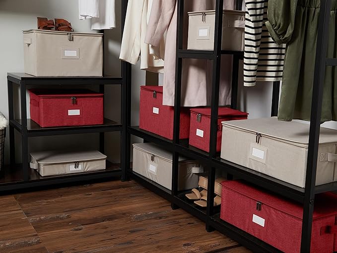 Covermates Keepsakes Zip-Top Storage Box Set, 3 Pack Heavy Duty Polyester Organizer Bins, Stackable Design, ID Window, Reinforced Handles, Closet Home Storage, Red Heather