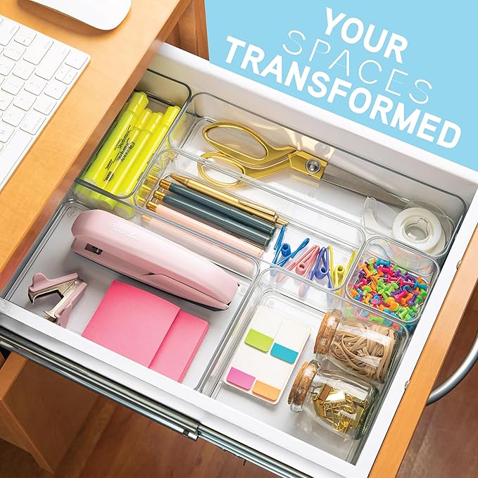 primebox Plastic Clear Drawer Organizers. Bathroom, Kitchen, Bedroom, Makeup, Office Organizer Bins, Storage Trays. Heavy Duty, Stackable. 6" x 6" x 2" Set of 6