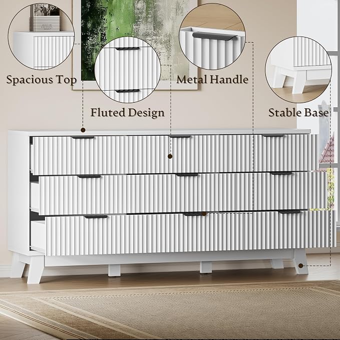BORNOON 63" Long Dresser for Bedroom, 9-Drawer Fluted Dresser, Extra-Wide Wood Chest of Drawers with Smooth Metal Slides, Stable Base, Modern Clothes Storage Cabinet for Living Room, Hallway, Nursery