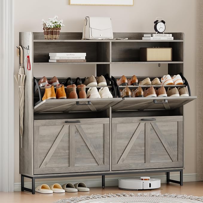 Wodeer Shoe Cabinet Storage for Entryway, Shoe Storage Cabinet with 4 Flip Drawers, Freestanding Narrow Shoe Rack Organizer with Metal Legs, Adjustable Shelves & Open Storage for Foyer, Hallway, Grey