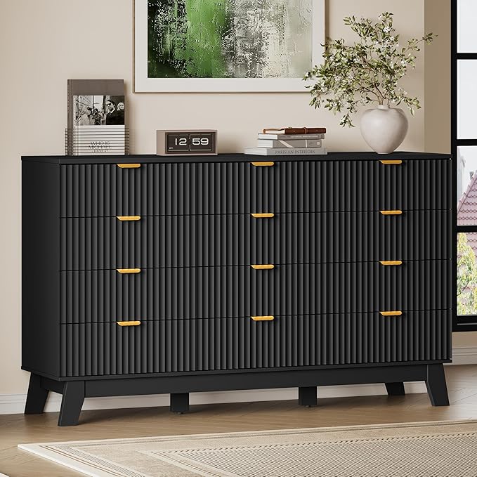 BORNOON 57" Wide Dresser for Bedroom, 12-Drawer Fluted Dresser with Metal Handles, Wood Chest of Drawers with Smooth Slides and Stable Base, Storage Cabinet for Living Room, Nursery, Timeless Noir