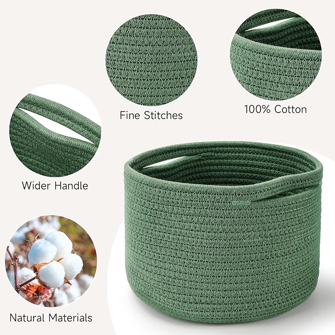 Small Rope Baskets for Storage, Baskets for Gifts Empty, Cute Round Woven Basket, Decorative Shelf Baskets 9.82×9.82×7.1", Cotton Toy Basket Storage Bins for Organizer 3 Packs Green