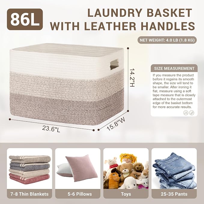 86L Large Woven Laundry Basket Hamper with Handles, Gradient Brown | 24"x16"x14", collapsible wicker hamper, storage for dirty clothes, toys, blankets, gifts, living room, bedroom, bathroom