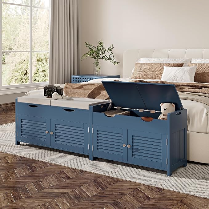 ChooChoo Shoe Storage Bench with Lift Top Storage & Cushioned Seats | 29.5" Entryway Bench with 3 Compartments & Adjustable Shelf, for Entryway, Blue