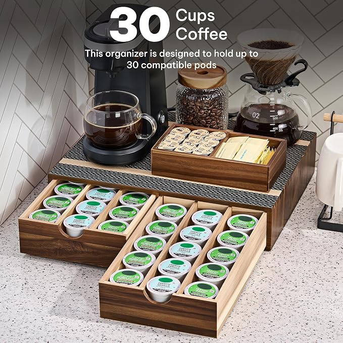 SMARTAKE Acacia Wooden K Cup Organizer Coffee Pod Storage Box | Coffee Pod Tea Organizer, K Pod Drawer Coffee Maker Stand, Kcup Holder for Countertop Kitchen Office Coffee Bar