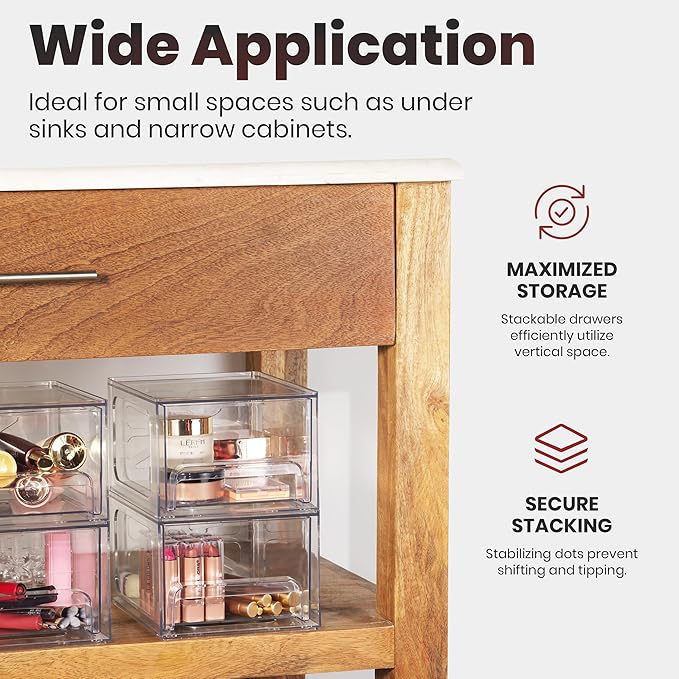 Oizeir Acrylic Drawer Organizer 2-Pack – Clear Stackable Storage Drawers for Makeup, Skincare, Vanity, Bathroom, Under Sink, Kitchen & Office – Non-Slip, Durable, Multi-Purpose Organizer Bins