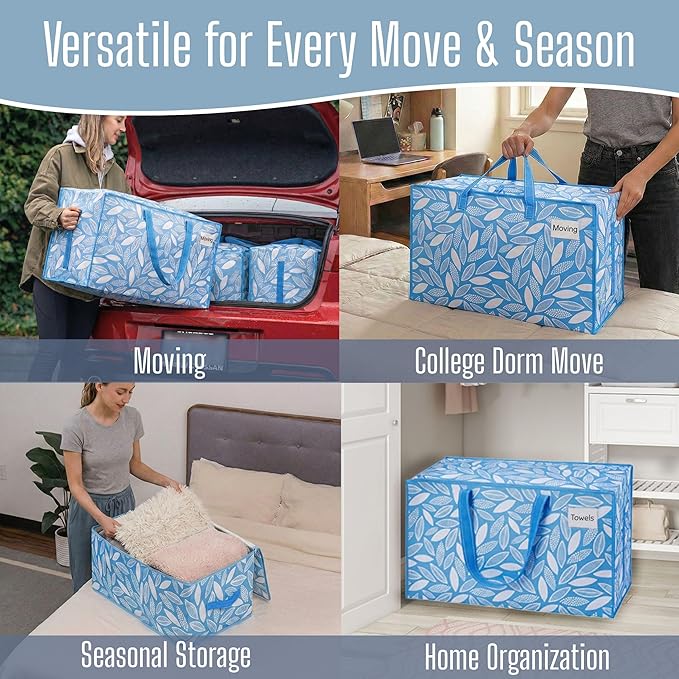VENO 4 Pack Extra Large Heavy Duty Moving Bags with Wide Opening & Reinforced Handles, Reusable Storage Tote Bags with Strong Zippers for Clothes, College Dorm Essentials & Moving Supplies