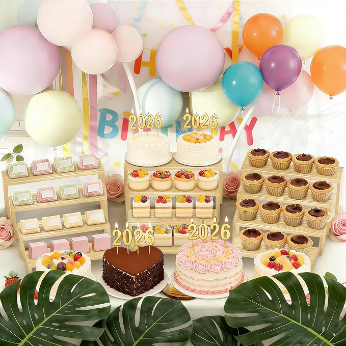 Large 2 Set wood tone Wooden Tiered Display Stands 4 Tier Stackable Pine Wood Display Risers, Suitable for Vendor Events, Cupcake Stands, cake stand Wooden Dessert Table Sets, Vendor Booth Displays,Cosmetic & Perfume Display Tools, Kitchen Spice Storag...